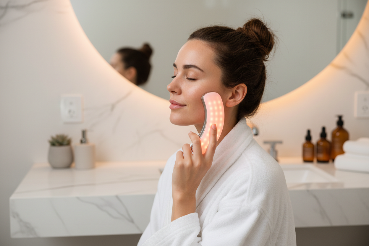 Woman using LED face wrinkle remover device at home