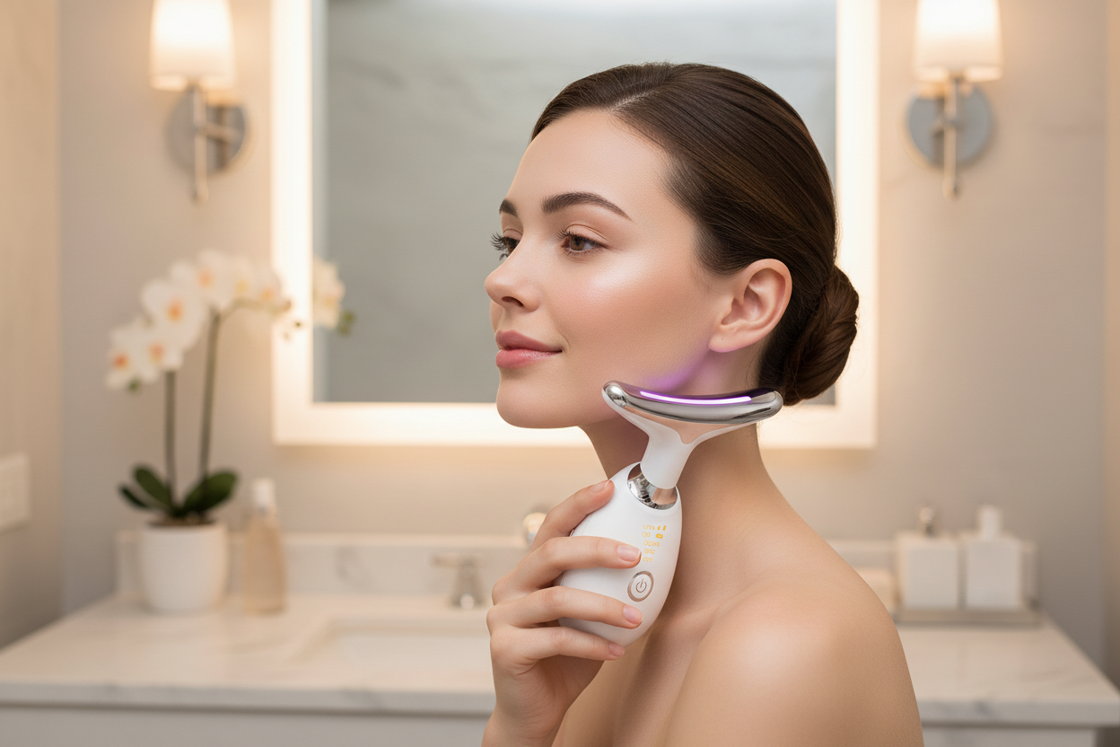 Woman using LED Neck and Face Wrinkle Remover device on her jawline and neck